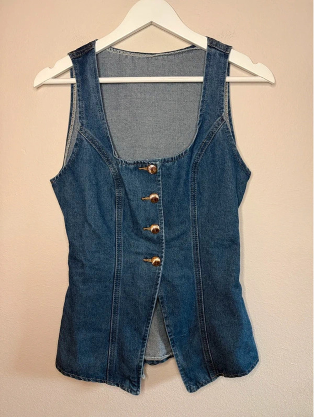SHEIN Blue Denim Button-Front Vest with Lace-Up Tie Back Size S
